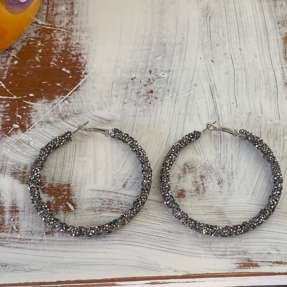 Black Sparkle Hoop Earrings - Picture 2 of 5